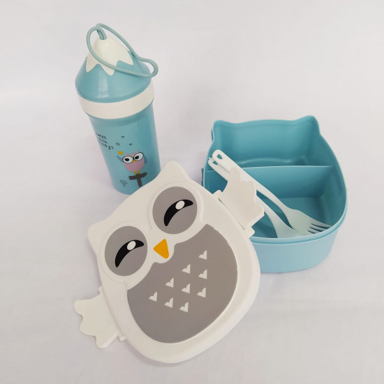 Kit Marmita Garrafa Coruja Azul